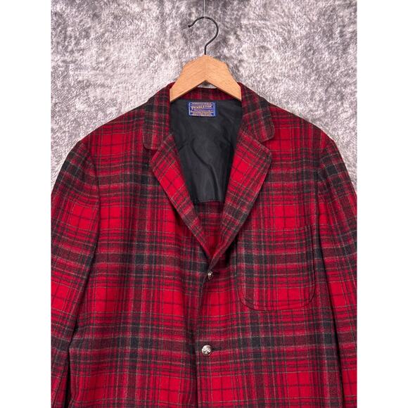 Vintage Pendleton Jacket Large Mens Red Plaid Wool Flannel Blazer Shirt - Picture 2 of 9
